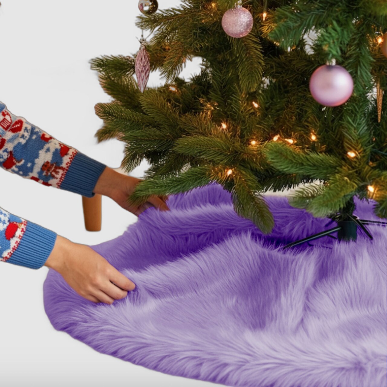 FabricLA Lavender Faux Fur Tree Skirt Cut - 40-Inches with Rounded Edges (No Backing) for Christmas